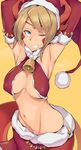  ;d armpits arms_up bad_id bad_pixiv_id bell blonde_hair blue_eyes blush bobblehat breasts covered_nipples cowboy_shot detached_sleeves echidna_(p&amp;d) groin headband highres horns kurowa large_breasts long_sleeves midriff navel one_eye_closed open_mouth puzzle_&amp;_dragons red_skirt short_hair simple_background skirt smile solo stomach sweat sweatdrop underboob yellow_background 