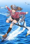  blush brown_eyes brown_hair day full_body hat highres japanese_clothes kantai_collection long_hair long_sleeves magatama nigou ocean open_mouth outdoors outstretched_arms ryuujou_(kantai_collection) skirt smile solo spread_arms twintails visor_cap walking walking_on_liquid water 