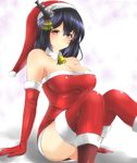  black_hair blush boots breasts christmas cleavage dress elbow_gloves en_(paorasuteki) fur_trim gloves hair_ornament hat kantai_collection large_breasts looking_at_viewer red_dress red_eyes red_gloves red_legwear santa_costume santa_hat short_dress short_hair sitting smile solo strapless strapless_dress thighhighs yamashiro_(kantai_collection) 