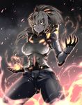 bangs black_sclera blonde_hair breasts closed_mouth cyborg female_genos fighting_stance fire frown genderswap genderswap_(mtf) genos glowing glowing_eyes hair_ornament highres kurobuchi_numama large_breasts legs_apart long_hair one-punch_man open_fly open_pants pants ponytail shirt sleeveless smoke solo standing t-shirt torn_clothes torn_shirt unzipped yellow_eyes zipper 