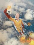  :d bald boots brovkin_ilya cape city cloud explosion flyer flying gloves happy highres male_focus monster one-punch_man open_mouth photo red_footwear red_gloves saitama_(one-punch_man) smile solo_focus 