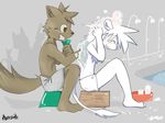  barefoot bathing blush clothed clothing collaboration cub digital_media_(artwork) duo eyes_closed feline grin half-dressed kurosuke lion male mammal public public_bath shirayuki side_view signature silhouette sitting topless whiteleo young 