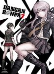  back bangs black_footwear black_hair blue_eyes blunt_bangs boots braid cover danganronpa danganronpa_1 dvd_cover freckles gloves hair_ribbon highres ikusaba_mukuro jacket kirigiri_kyouko knee_boots komatsuzaki_rui long_hair looking_at_viewer miniskirt multiple_girls necktie official_art purple_eyes purple_hair ribbon school_uniform short_hair skirt spoilers tattoo 