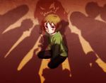  bags_under_eyes blood brown_hair chara_(undertale) commentary different_shadow full_body green_shirt injury long_sleeves looking_at_viewer pov red_eyes shade shirt silhouette silhouette_demon solo spoilers tenperu_tapio undertale 