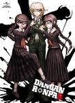  2girls belt black_serafuku blonde_hair braid brown_hair cover danganronpa danganronpa_1 dvd_cover fukawa_touko genocider_shou glasses green_eyes highres komatsuzaki_rui loafers long_hair long_skirt long_tongue mole mole_under_mouth multiple_girls official_art pants red_eyes school_uniform scissors serafuku shoes short_hair skirt smile socks spoilers togami_byakuya tongue tongue_out white_legwear 