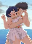  1girl belt black_hair breast_grab choker curvy day dress grabbing grabbing_from_behind hetero highres mage_(harumagedon) ocean open_mouth ranma_1/2 saotome_ranma short_dress short_hair shorts sky sleeveless sleeveless_dress surprised tank_top tendou_akane thick_thighs thighs white_dress wrist_grab 