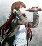  belt blue_eyes bottle bright_pupils brown_hair brown_jacket dr_pepper drink drinking from_side gradient gradient_background grey_background haribote_(tarao) jacket long_hair long_sleeves looking_at_viewer makise_kurisu necktie off_shoulder open_clothes open_jacket red_neckwear shirt simple_background solo steins;gate upper_body very_long_hair white_pupils white_shirt 