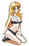  artist_request blonde_hair bra bracelet breasts character_request copyright_request cross cross_necklace jewelry kneeling long_hair looking_at_viewer necklace overexposure panties simple_background smile solo source_request underwear underwear_only white_background 