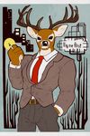  abstract_background barazoku bulge cervine cigarette clothed clothing deer dialogue looking_at_viewer male mammal muscular pashoo standing suit 