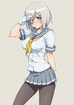  black_legwear blue_eyes blush breasts gloves grey_background hair_ornament hair_over_one_eye hairclip hamakaze_(kantai_collection) kantai_collection large_breasts looking_at_viewer neckerchief nigou outline pantyhose pleated_skirt school_uniform serafuku short_hair short_sleeves silver_hair simple_background skirt smile solo white_gloves 