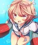  :d ahoge blue_background blush breasts bubble hair_between_eyes hair_ornament holding holding_torpedo i-58_(kantai_collection) kantai_collection medium_breasts open_mouth pink_eyes pink_hair school_swimsuit school_uniform serafuku short_hair sk02 smile solo swimsuit swimsuit_under_clothes thighs torpedo underwater water 