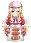  :&lt; blonde_hair blue_eyes blush bow bread curly_hair food frills frown hat kanpani_girls loalo long_hair monique_waroquier oven_mitts red_bow sidelocks solo tray white_background 