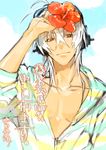  arm_up collarbone flower hair_between_eyes headphones hibiscus holding holding_flower looking_at_viewer male_focus naitou-kun nitro+_chiral red_eyes silver_hair sky smile solo upper_body yamada_uiro zanshomimai 
