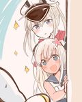  2girls :d :o blonde_hair blue_eyes blush graf_zeppelin_(kantai_collection) hair_ornament hat itomugi-kun kantai_collection multiple_girls open_mouth pale_skin peeking_out ro-500_(kantai_collection) smile sparkle stalking tan twintails 