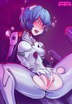  1girl andava anus ayanami_rei blue_hair blush bodysuit bubble cockpit crotch_cutout hairpods highres lcl masturbation neon_genesis_evangelion no_panties parted_lips pink_eyes plugsuit pussy short_hair sitting small_breasts solo spread_legs torn_bodysuit torn_clothes uncensored underwater 
