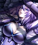  bed blue_eyes blush braid breasts cleavage cleavage_cutout commentary_request gloves highres large_breasts lips long_hair looking_at_viewer lying neptune_(series) nyamota parted_lips pillow purple_hair purple_heart smile twin_braids 