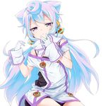  bangs blue_eyes blue_hair eyebrows eyebrows_visible_through_hair gloves hacka_doll hacka_doll_3 half-closed_eyes long_hair male_focus multicolored_hair nyifu otoko_no_ko purple_eyes simple_background sitting solo very_long_hair white_background wrist_cuffs 