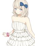  bad_id bad_pixiv_id bare_shoulders blonde_hair blue_eyes blush bow dress hair_bow highres original shimamuucho short_hair simple_background smile solo white_background 