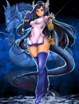  animal bad_id bad_pixiv_id bangs black_hair blue_background blue_eyes blue_legwear blue_panties brass_knuckles breasts china_dress chinese_clothes clenched_hands closed_mouth covered_navel covered_nipples dragon dragon_girl dragon_horns dragon_tail dress frown full_body gloves gradient gradient_background gradient_hair head_fins highres horns karin_(p&amp;d) leg_warmers lens_flare long_hair looking_at_viewer medium_breasts multicolored_hair panties pantyshot pantyshot_(standing) puzzle_&amp;_dragons rumutan scales short_dress short_sleeves side_slit solo sparkle spiked_knuckles spikes standing swept_bangs tail tassel underwear upskirt vambraces very_long_hair water weapon white_dress 