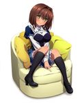  absolute_duo absurdres black_legwear blue_skirt brown_hair full_body highres hotaka_miyabi kouryou_academy_uniform looking_at_viewer mary_janes shoes short_hair simple_background skirt smile socks solo white_background yellow_eyes 