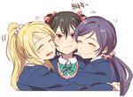  :t ^_^ akni ayase_eli black_hair blazer blonde_hair blush bow bowtie cheek-to-cheek closed_eyes girl_sandwich group_hug hair_bow hair_ornament hair_scrunchie hug jacket korean long_hair love_live! love_live!_school_idol_project low_twintails multiple_girls open_mouth otonokizaka_school_uniform pink_scrunchie ponytail purple_hair red_eyes sandwiched school_uniform scrunchie short_hair sketch smile toujou_nozomi translated twintails white_scrunchie yazawa_nico 