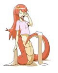  closed_eyes full_body hair_ornament hairclip lamia long_hair materclaws miia_(monster_musume) monster_girl monster_musume_no_iru_nichijou no_panties open_mouth pointy_ears red_hair scales shadow shirt simple_background snake solo t-shirt tail tail_censor tail_hold toilet_paper very_long_hair white_background yawning 