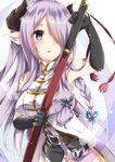  :o absurdres amane_tari armlet bad_id bad_pixiv_id black_gloves blue_eyes blue_ribbon blush braid breasts butterfly_hair_ornament coat cowboy_shot draph elbow_gloves gem gloves granblue_fantasy hair_ornament hair_over_one_eye highres holding holding_weapon huge_weapon jewelry large_breasts lavender_hair long_hair narmaya_(granblue_fantasy) open_mouth oversized_object pointy_ears polearm ribbon sapphire_(stone) simple_background single_braid solo standing very_long_hair weapon white_background 