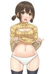  breasts brown_eyes brown_hair cleavage cleavage_cutout clothes_lift looking_at_viewer medium_breasts meme_attire mo-fu navel open-chest_sweater open_mouth original panties ribbed_sweater short_twintails solo sweater sweater_lift thighhighs twintails underwear white_panties 