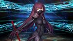  arm_guards armor bangs bodysuit covered_mouth covered_navel cowboy_shot fate/grand_order fate_(series) gae_bolg hair_between_eyes holding holding_weapon jpeg_artifacts long_hair mask polearm purple_hair red_eyes scathach_(fate)_(all) scathach_(fate/grand_order) screencap shoulder_pads skin_tight solo tsuuhan very_long_hair weapon 