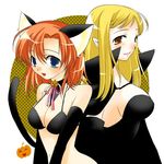  animal_ears black_bikini_top black_gloves blonde_hair blue_eyes breasts brown_eyes cape cat_ears cat_tail cleavage gloves halloween halloween_costume higurashi_no_naku_koro_ni large_breasts long_hair lowres multiple_girls official_art orange_hair pointy_ears pumpkin ribbon ryuuguu_rena short_hair suzuragi_karin tail takano_miyo vampire vampire_costume 