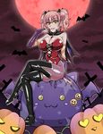  black_footwear black_legwear boots bow breasts bridal_gauntlets cleavage commentary_request elbow_gloves fang gloves hair_bow halloween idolmaster idolmaster_cinderella_girls jewelry jougasaki_mika large_breasts looking_at_viewer mabo-udon open_mouth pantyhose pink_hair smile solo thigh_boots thighhighs twintails yellow_eyes 