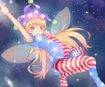  american_flag_dress american_flag_legwear arm_up armpits blonde_hair breasts bright_pupils clownpiece colored_eyelashes fairy_wings floating galaxy hat hips jester_cap leg_up long_hair looking_at_viewer meson navel outstretched_arm pantyhose red_eyes short_sleeves small_breasts smile solo space striped striped_legwear torch touhou very_long_hair wings 