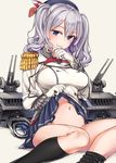  bad_id bad_twitter_id beret black_legwear blue_eyes blush breasts double-breasted epaulettes gloves hat kantai_collection kashima_(kantai_collection) kneehighs large_breasts looking_at_viewer megumoke military military_uniform miniskirt navel pleated_skirt sitting skirt skirt_lift smile solo turret twintails uniform white_gloves 