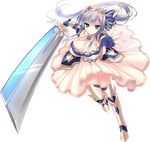  armor blue_eyes breasts bridal_gauntlets cecilia_highland cleavage crown dress foreshortening full_body hair_ornament highres huge_breasts long_hair looking_at_viewer love_love_princess shiny shiny_skin shoulder_pads silver_hair skindentation solo sword transparent_background very_long_hair weapon wori 