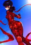  ass blue_eyes blue_hair bodysuit breasts domino_mask earrings from_behind hair_ribbon jewelry ladybug_(character) lips long_hair looking_back low_twintails magical_girl marinette_dupain-cheng mask miraculous_ladybug outstretched_hand polka_dot red_ribbon ribbon ruck small_breasts solo stud_earrings superhero twintails yo-yo 