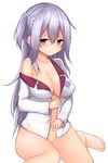  barefoot blush breasts gakusen_toshi_asterisk large_breasts long_hair mizushina_minato purple_eyes purple_hair school_uniform solo toudou_kirin two_side_up 