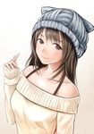  anegasaki_nene animal_hat bare_shoulders blush brown_eyes brown_hair cat_hat collarbone gradient gradient_background hat long_hair long_sleeves looking_at_viewer love_plus mole mole_under_eye nannacy7 off_shoulder simple_background sleeves_past_wrists smile solo strap sweater upper_body white_background 