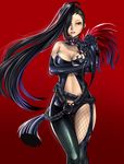  al_bhed_eyes asymmetrical_clothes asymmetrical_hair asymmetrical_legwear bad_id bad_pixiv_id belt black_gloves black_hair blade_&amp;_soul bodysuit center_opening earrings eyelashes feathers fishnet_legwear fishnets gauntlets gem gloves gradient gradient_hair hair_over_one_eye highres jewelry long_hair mole mole_under_eye multicolored_hair navel navel_cutout one_eye_covered parted_lips pauldrons pink_lips purple_hair ran_yu_(blade_and_soul) red_background red_eyes ring rope rumutan scales side_cutout simple_background single_bare_shoulder solo stomach tassel thigh_gap very_long_hair weapon 