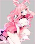  animal_ears bare_legs blue_eyes breast_grab bunny_ears full_body grabbing grey_background homua long_hair melona miniskirt pink_footwear pink_hair pink_shirt pink_skirt prehensile_hair queen's_blade revealing_clothes shirt shoes skirt smile solo squatting 