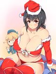  &gt;;) &gt;_o 2girls ;q atago_(kantai_collection) bare_shoulders beret black_hair blonde_hair blush breasts christmas cleavage detached_sleeves fur-trimmed_bikini hat highres huge_breasts kantai_collection large_breasts long_hair looking_at_viewer moisture_(chichi) multiple_girls navel one_eye_closed plump red_eyes santa_costume santa_hat short_hair sitting stuffed_toy takao_(kantai_collection) thick_thighs thighs tongue tongue_out wide_hips 