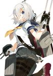  :o backpack bag belt between_breasts blue_eyes breasts cannon from_behind from_below gloves gun hair_ornament hair_over_one_eye hairclip hamakaze_(kantai_collection) jewelry kantai_collection karei leg_up looking_at_viewer machinery medium_breasts neckerchief open_mouth over_shoulder pantyhose parted_lips school_uniform short_hair simple_background skirt solo thigh_strap torpedo turret weapon white_background white_gloves white_hair yellow_neckwear 