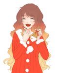  bell brown_hair closed_eyes fur_trim gradient_hair hijiri_byakuren long_hair long_sleeves mayoln multicolored_hair open_mouth pom_pom_(clothes) ribbed_sweater santa_costume smile solo sweater touhou upper_body white_background 