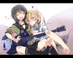  abukuma_(kantai_collection) anchor_symbol bangs barefoot beamed_eighth_notes black_hair black_legwear blonde_hair blue_eyes blunt_bangs braid commentary double_bun eighth_note electric_guitar guitar hair_between_eyes hair_rings head_on_shoulder instrument kantai_collection kitakami_(kantai_collection) kneehighs les_paul letterboxed long_hair mtu_(orewamuzituda) multiple_girls music musical_note open_mouth pleated_skirt school_uniform serafuku singing sitting skirt twintails 