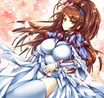  breasts brown_eyes brown_hair character_request cherry_blossoms impossible_clothes large_breasts long_hair looking_at_viewer pout sangokushi_taisen solo thighhighs tokonaru white_legwear 