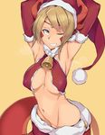  armpits arms_up bell bell_collar blonde_hair blue_eyes breasts collar criss-cross_halter echidna_(p&amp;d) elbow_gloves gloves grin halter_top halterneck hat highres kurowa lamia large_breasts midriff monster_girl navel puzzle_&amp;_dragons santa_hat smile solo sweat 