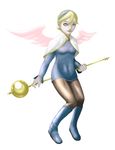  angel_wings artist_request blonde_hair blue_footwear boots breasts breath_of_fire breath_of_fire_iv dress hairband jewelry knee_boots nina_(breath_of_fire_iv) pantyhose parody shin_megami_tensei short_hair skirt solo staff style_parody white_background white_wings wings 