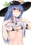  bangs black_hat blue_hair blush bra breasts closed_mouth collared_shirt eyebrows eyebrows_visible_through_hair food frills fruit hat highres hinanawi_tenshi leaf lifted_by_self long_hair looking_to_the_side md5_mismatch micro_bra momoiro_lettuce navel peach puffy_short_sleeves puffy_sleeves purple_bra red_eyes shirt shirt_lift short_sleeves simple_background small_breasts solo stomach sweatdrop touhou underwear upper_body white_background white_shirt 