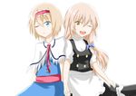  absurdres alice_margatroid apron ascot bad_id bad_pixiv_id blonde_hair blue_eyes braid capelet couple hairband hat hat_removed headwear_removed highres interlocked_fingers kirisame_marisa long_hair multiple_girls one_eye_closed open_mouth short_hair side_braid smile touhou waist_apron white_background witch_hat yellow_eyes yuki_(snowmaiden) yuri 