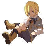  ankle_boots blonde_hair boots bow bowtie brown_footwear buttons capelet crossed_legs full_body grey_eyes harvest_moon harvest_moon:_connect_to_a_new_land hobohochi long_sleeves male_focus mistel_(story_of_seasons) shorts simple_background sitting smile solo white_background 