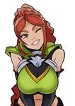  breast_squeeze breasts cassie_(paladins) green_eyes grin highres large_breasts long_hair looking_at_viewer navel one_eye_closed paladins red_hair simple_background smile solo splashbrush white_background 